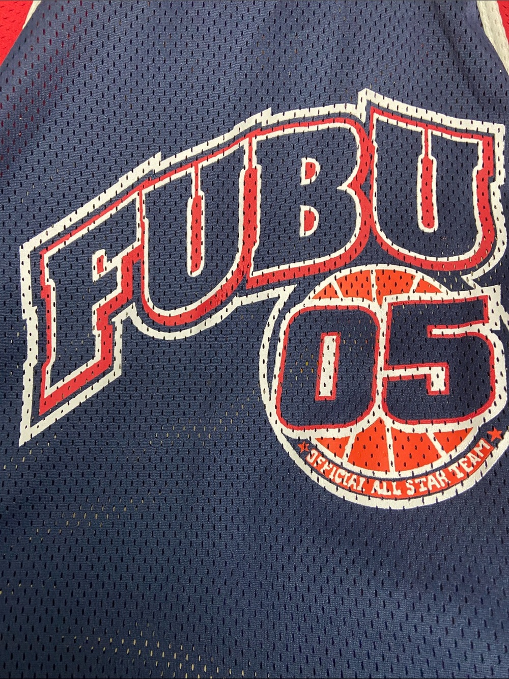 Y2K FUBU Navy and Red Mesh Athletic Jersey with Embroidered Logo Vintage